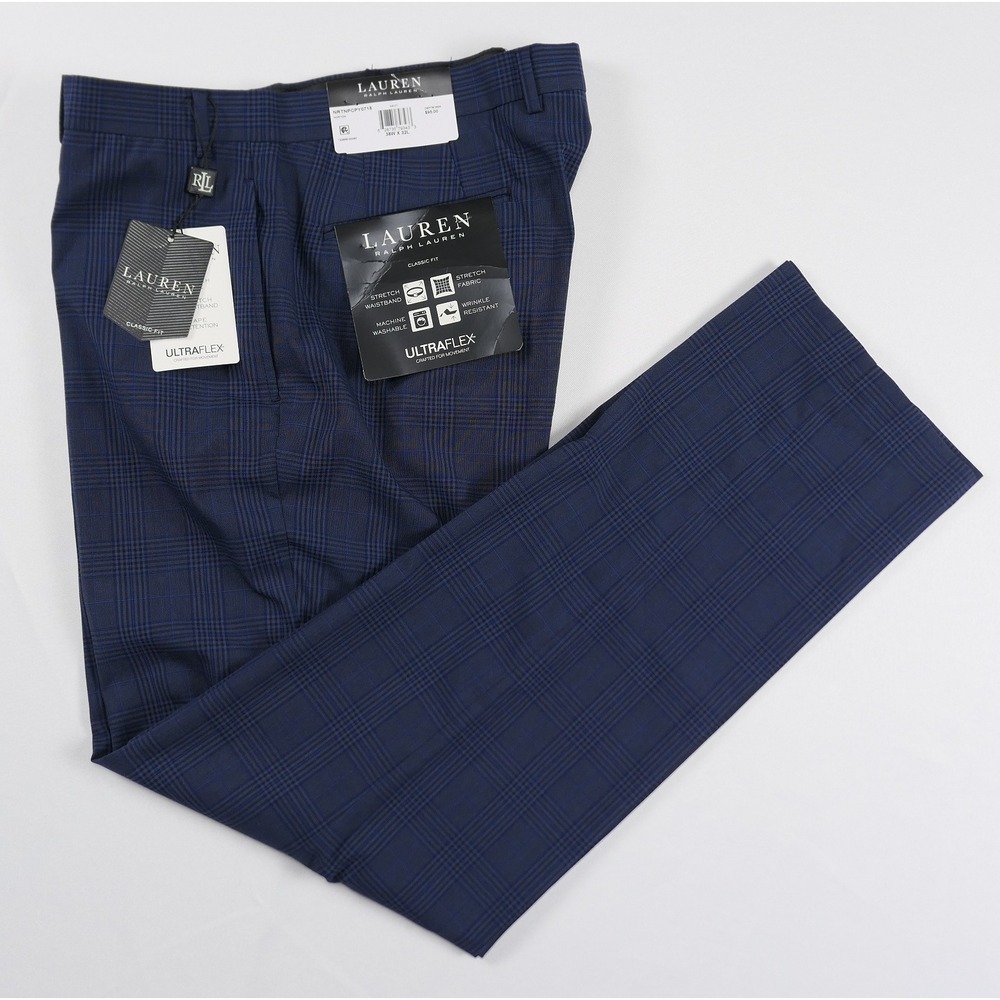 NEW Ralph Lauren Mens 38x32 Blue Glen Plaid UltraFlex Classic Fit Pants Trousers